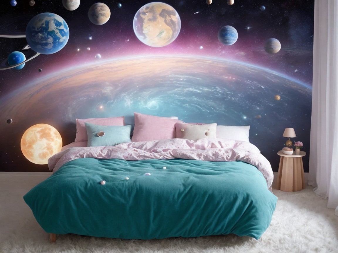 Cozy Bedroom with Turquoise Comforter and Space Mural