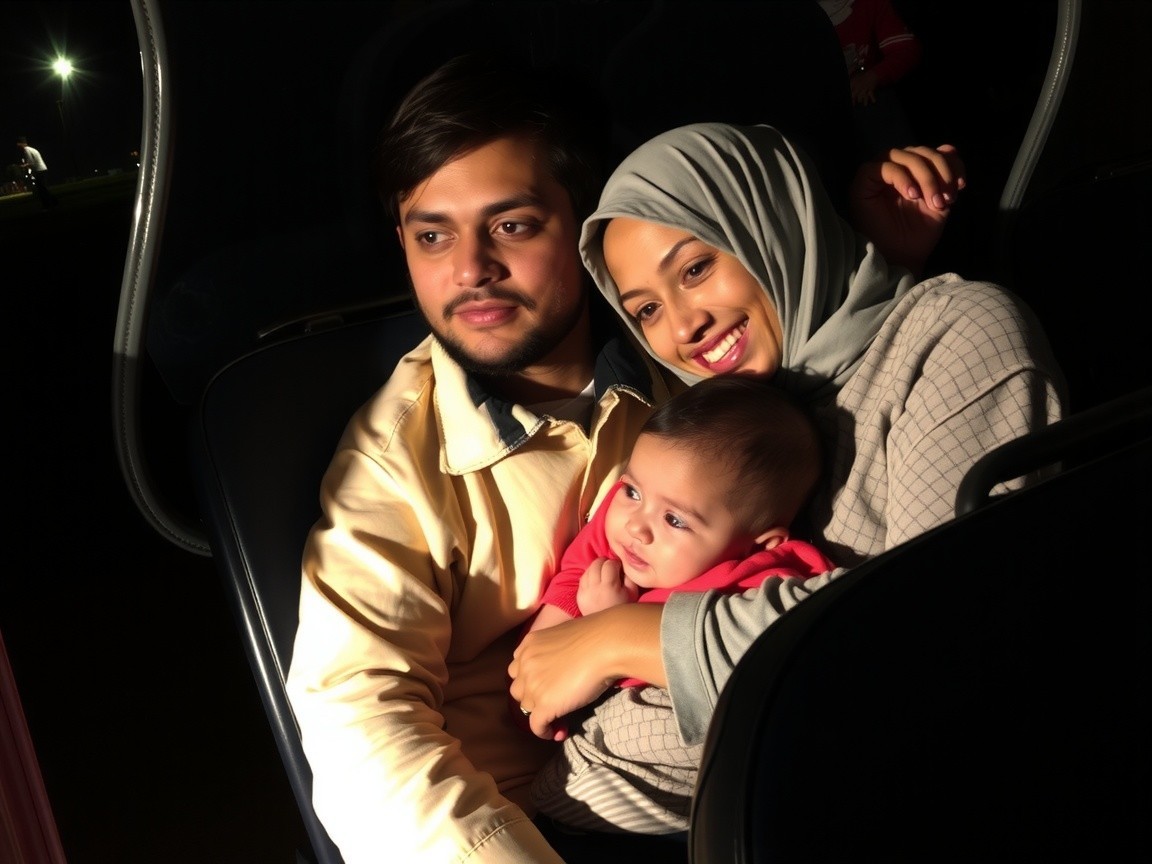 Joyful Couple with Baby in Warm, Dim Lighting