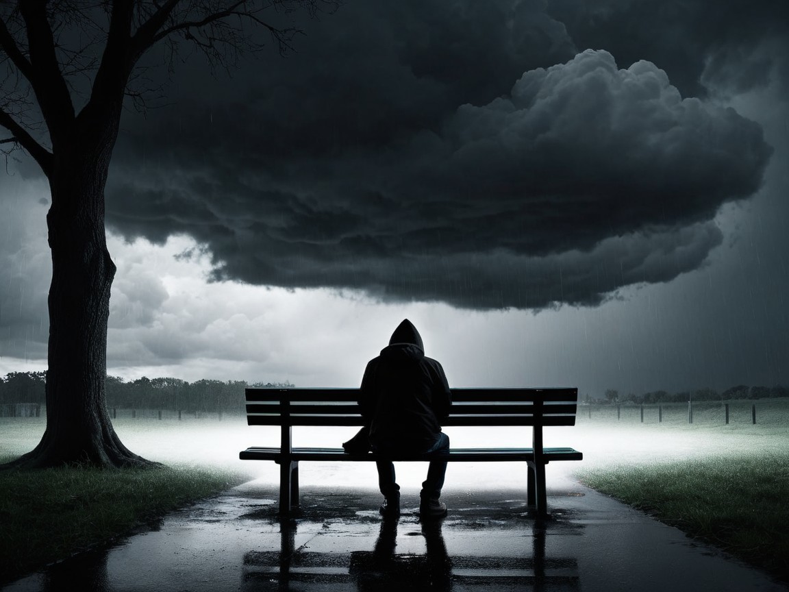 Solitary Figure on Bench Under Dark Cloudy Sky