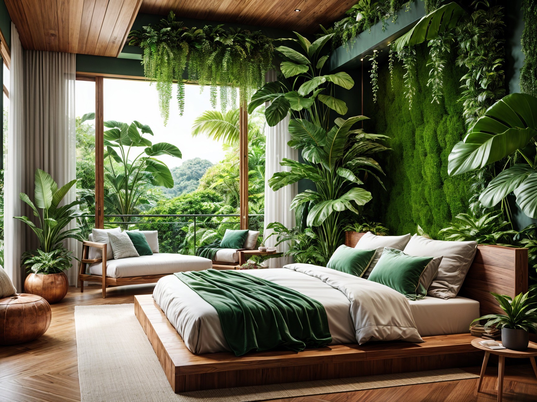 Tropical-Inspired Serene Bedroom with Lush Plants