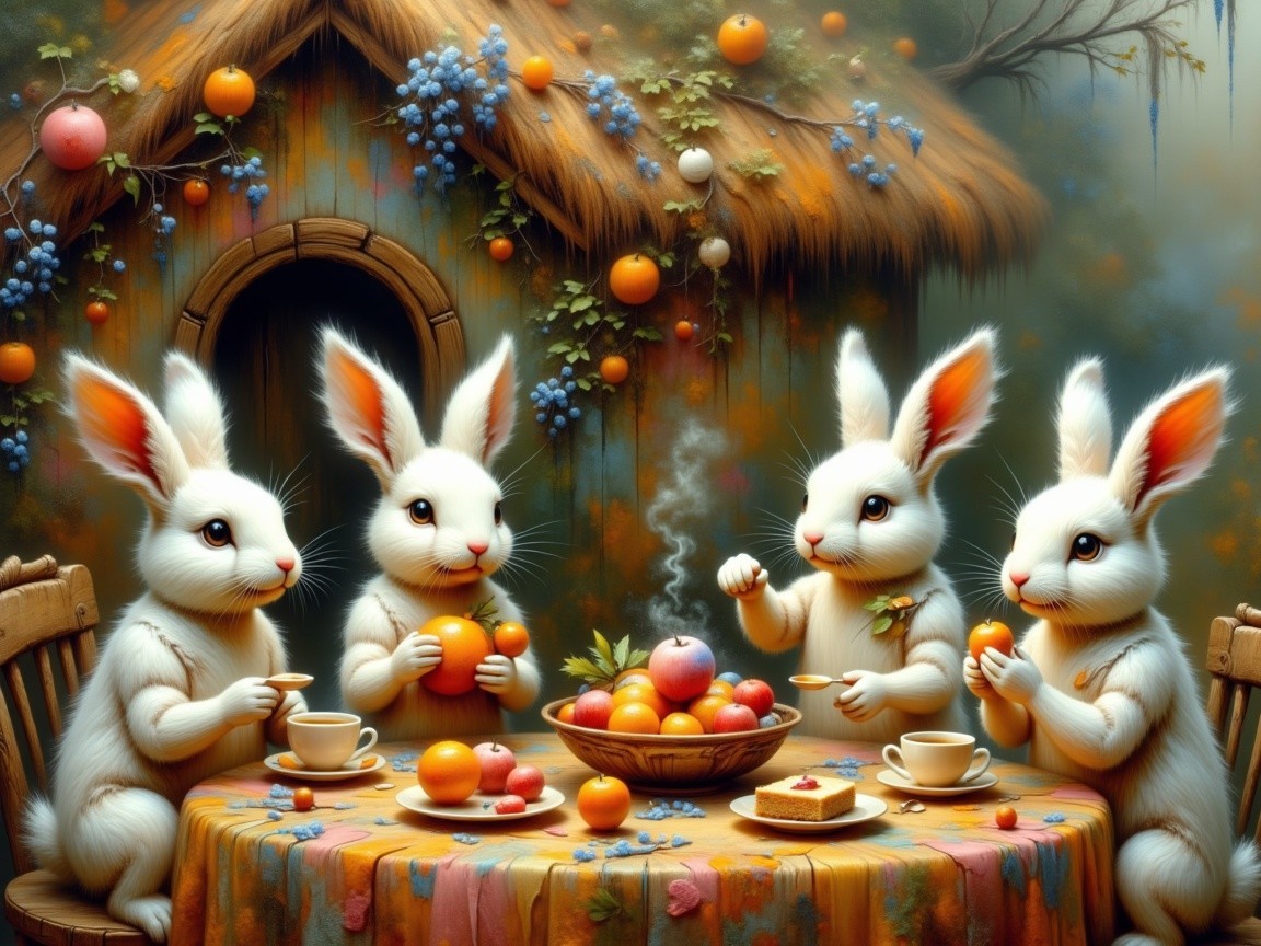 Charming Scene of White Rabbits Sharing Fruits