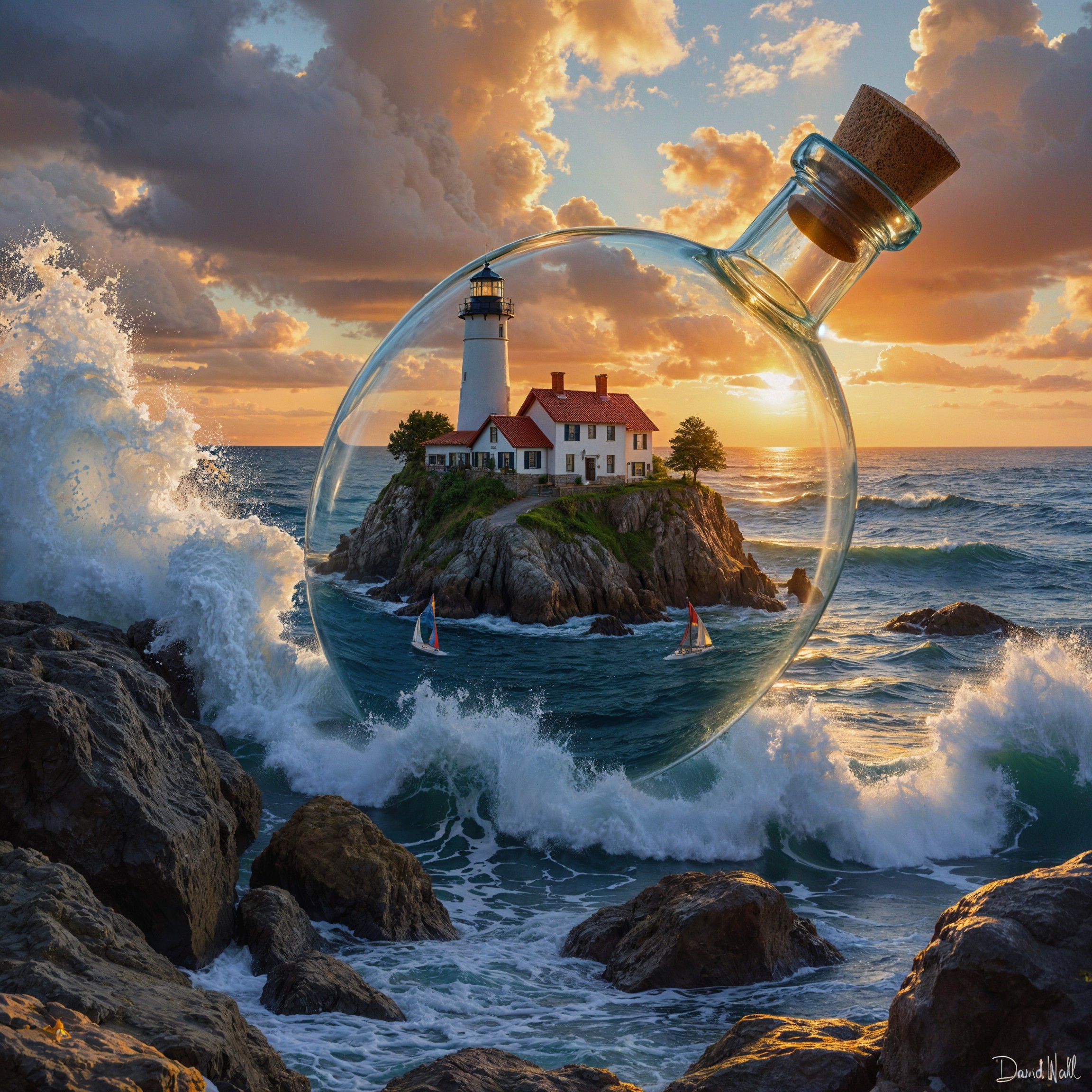 Lighthouse in a Bottle with Sunset and Sailboats