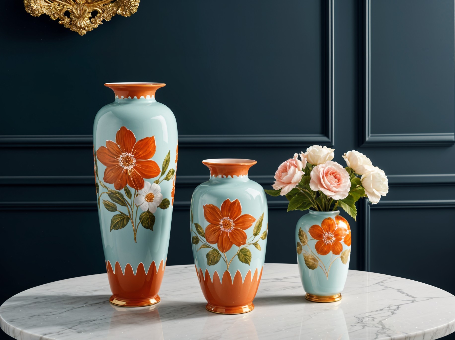 Elegant Vases on Marble Table with Floral Design