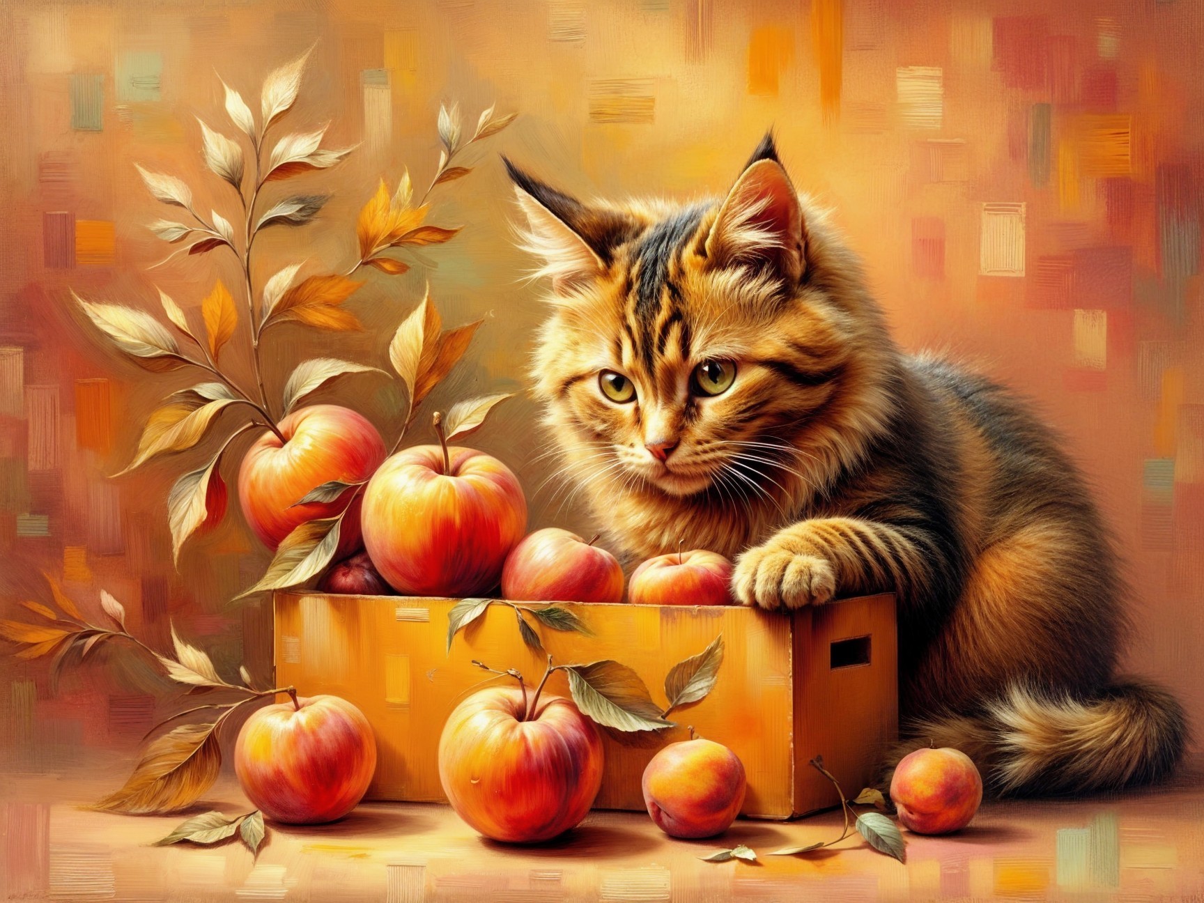 Fluffy Tabby Cat Beside Apples and Autumn Leaves