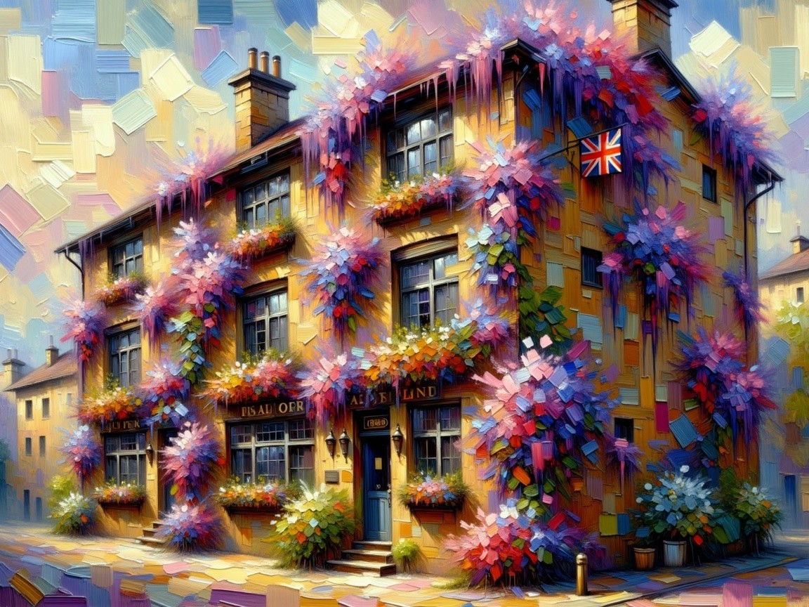 Charming English Pub with Blooming Flowers and Flag