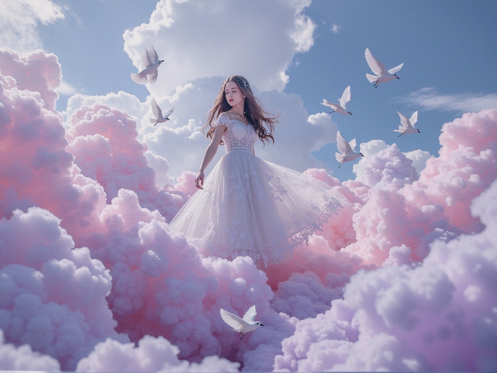 Young girl in ethereal dress among pink clouds