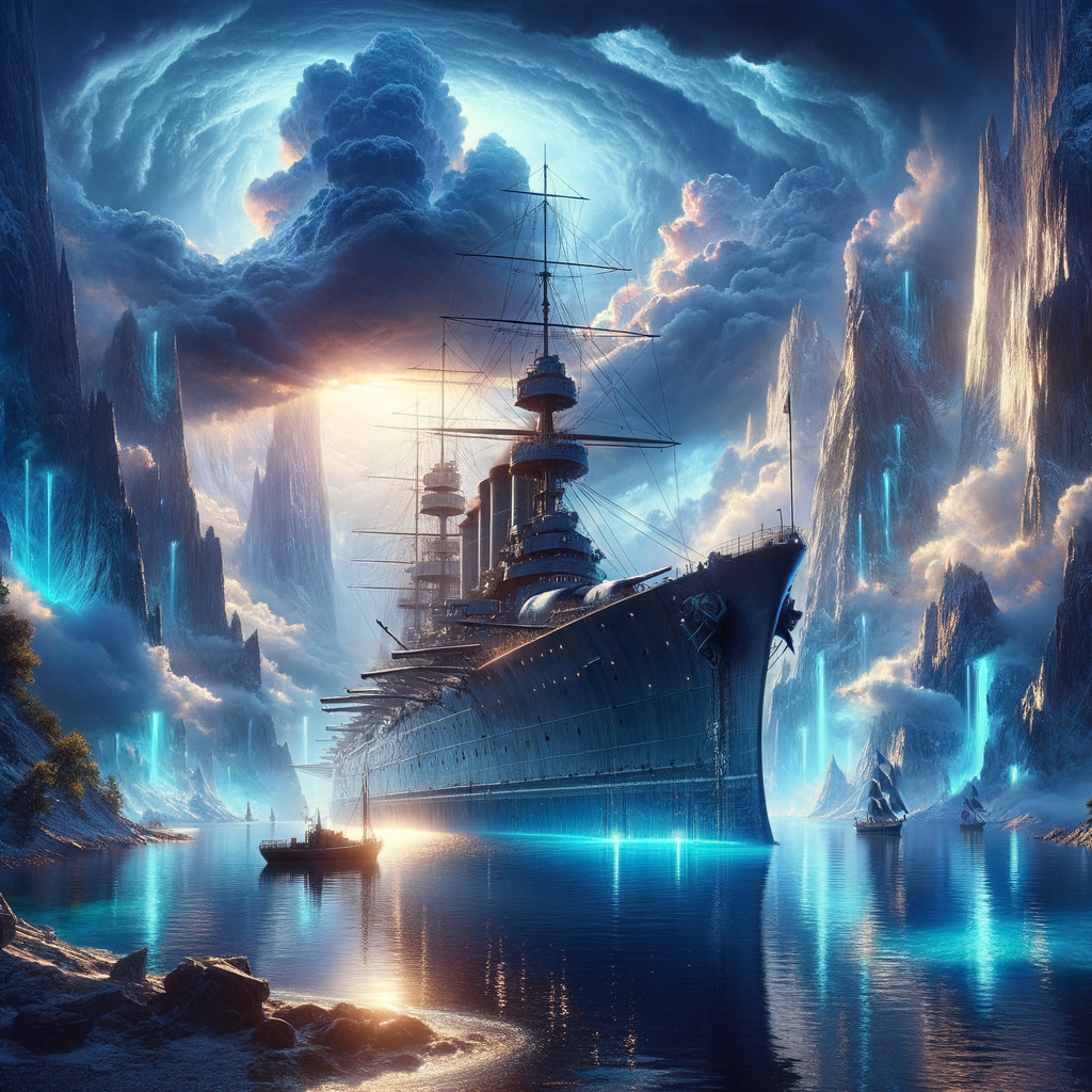 Majestic battleship anchored in an ethereal bay