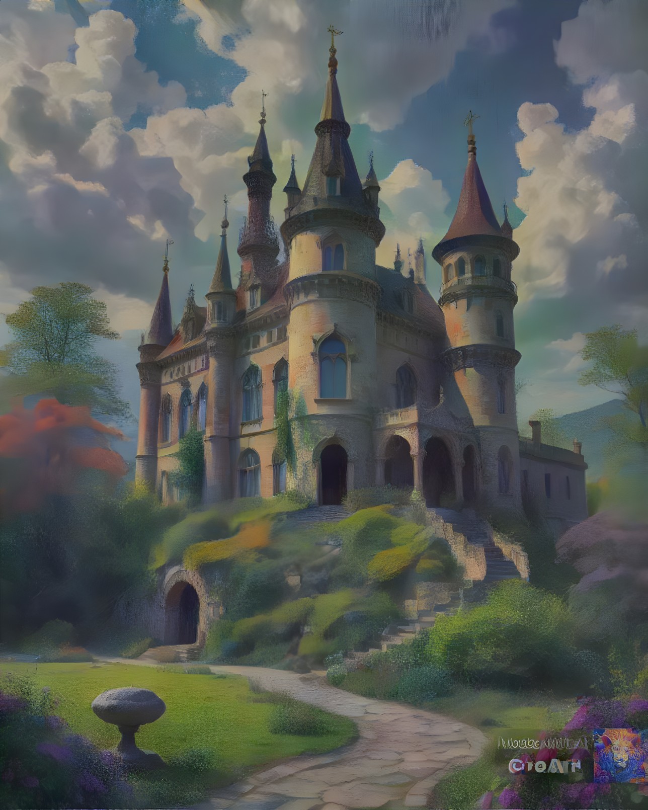 Majestic castle in a lush landscape with spires