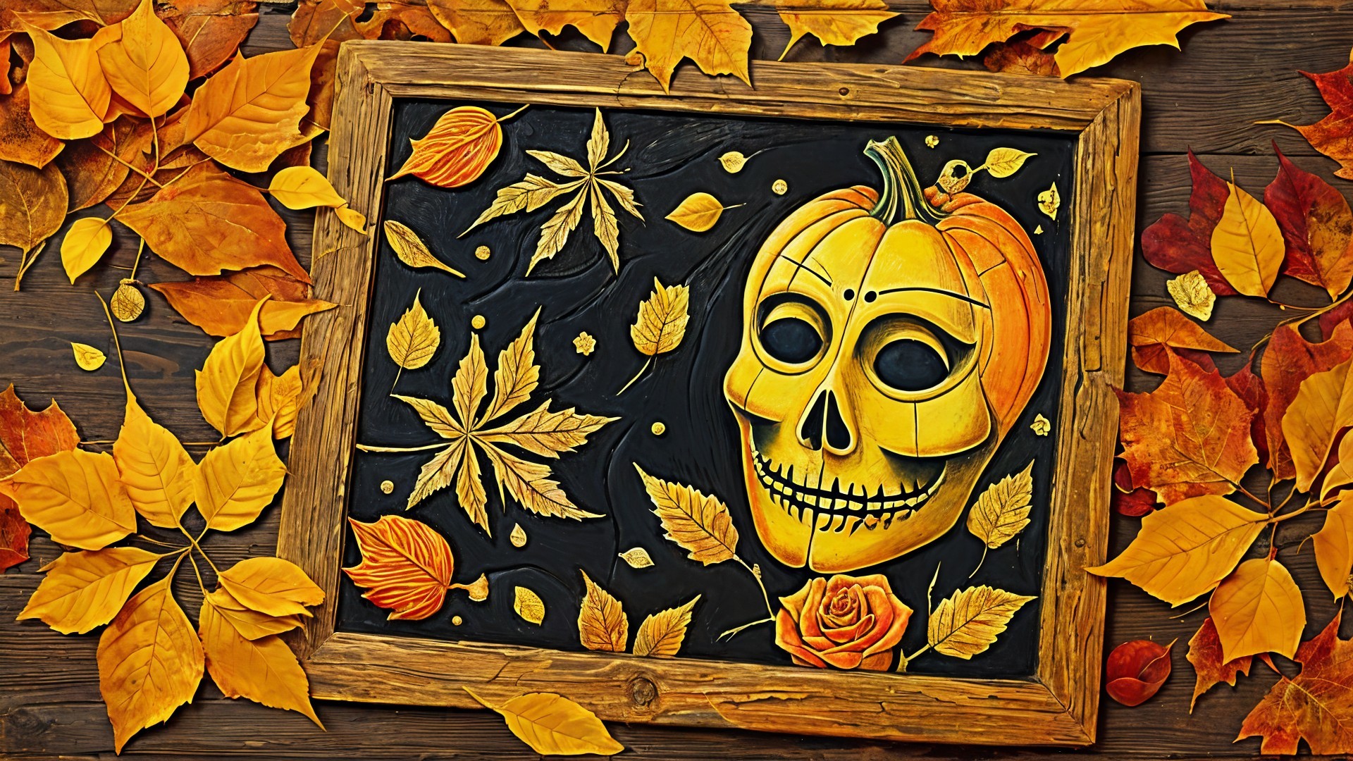 Autumn Artwork with Pumpkin, Skull, and Floral Details