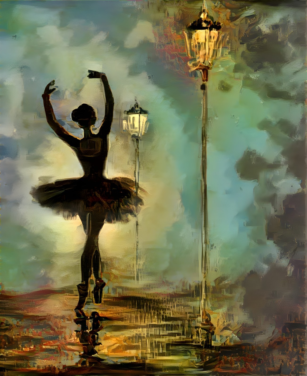 Ballerina Dancing Under Twilight Sky with Street Lamps