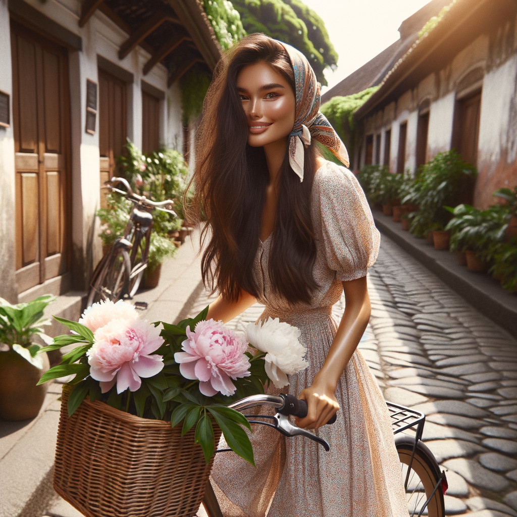 Young woman on vintage bicycle with peonies in basket