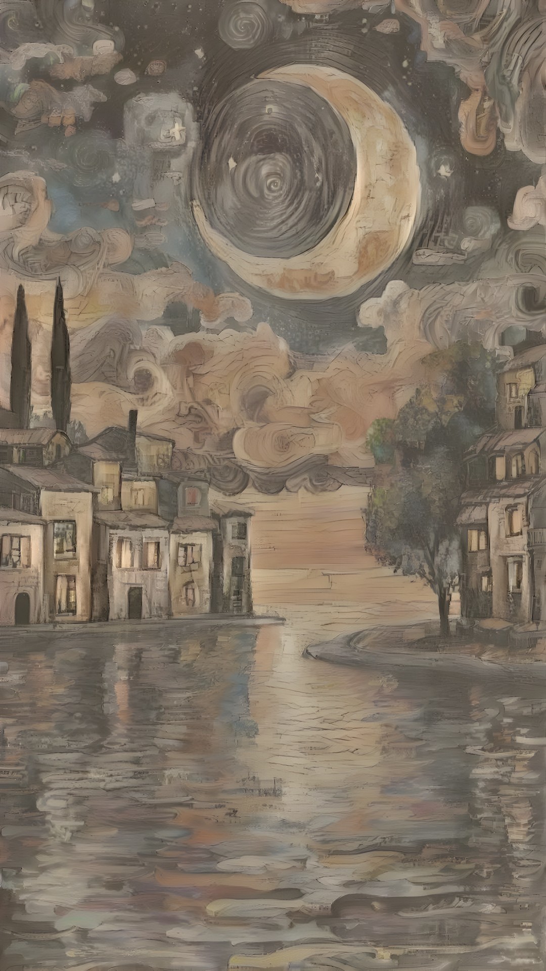 Twilight Waterside Village with Moonlit Reflection