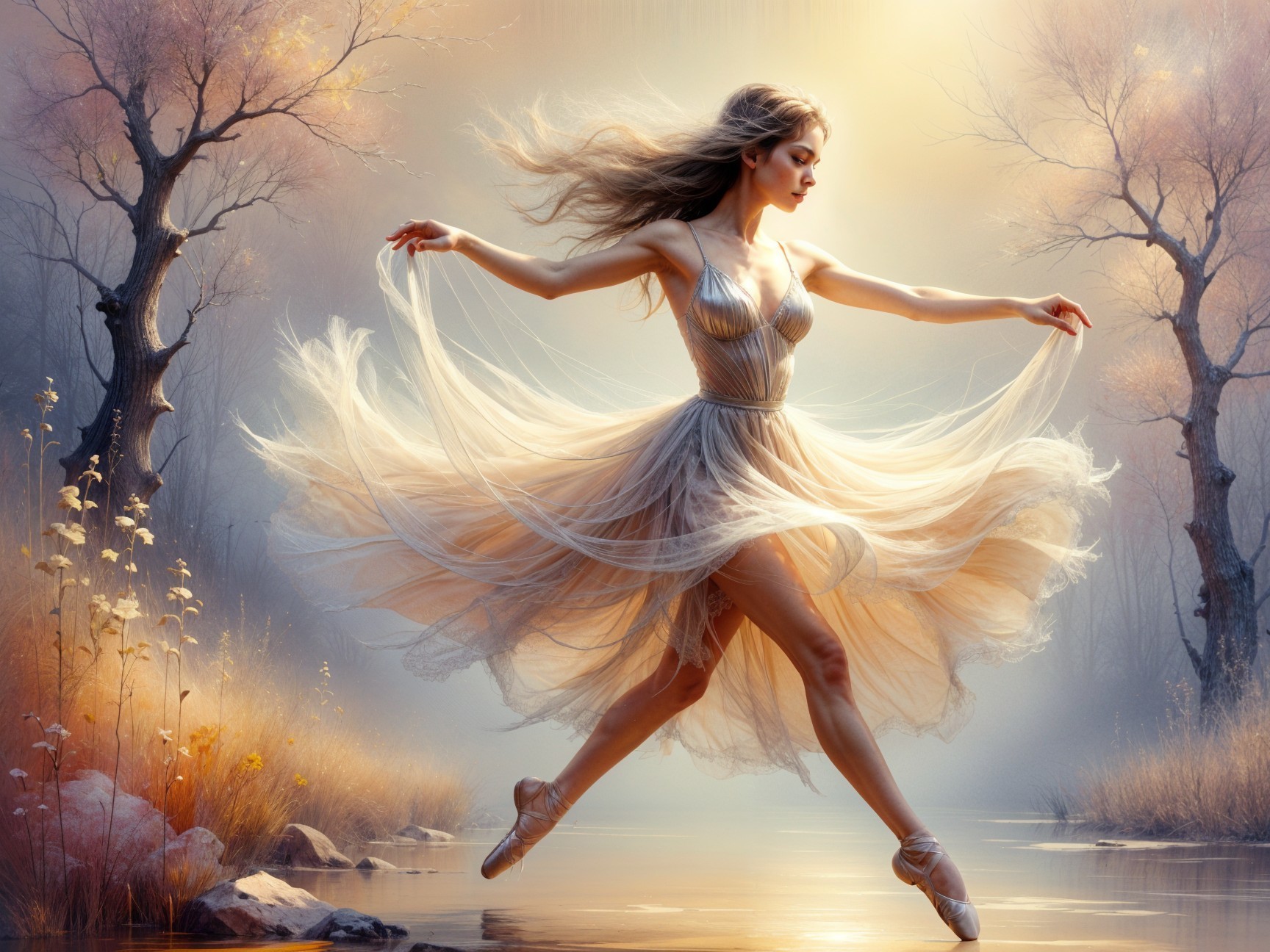 Ballerina Leaping in a Misty Golden Dawn Landscape