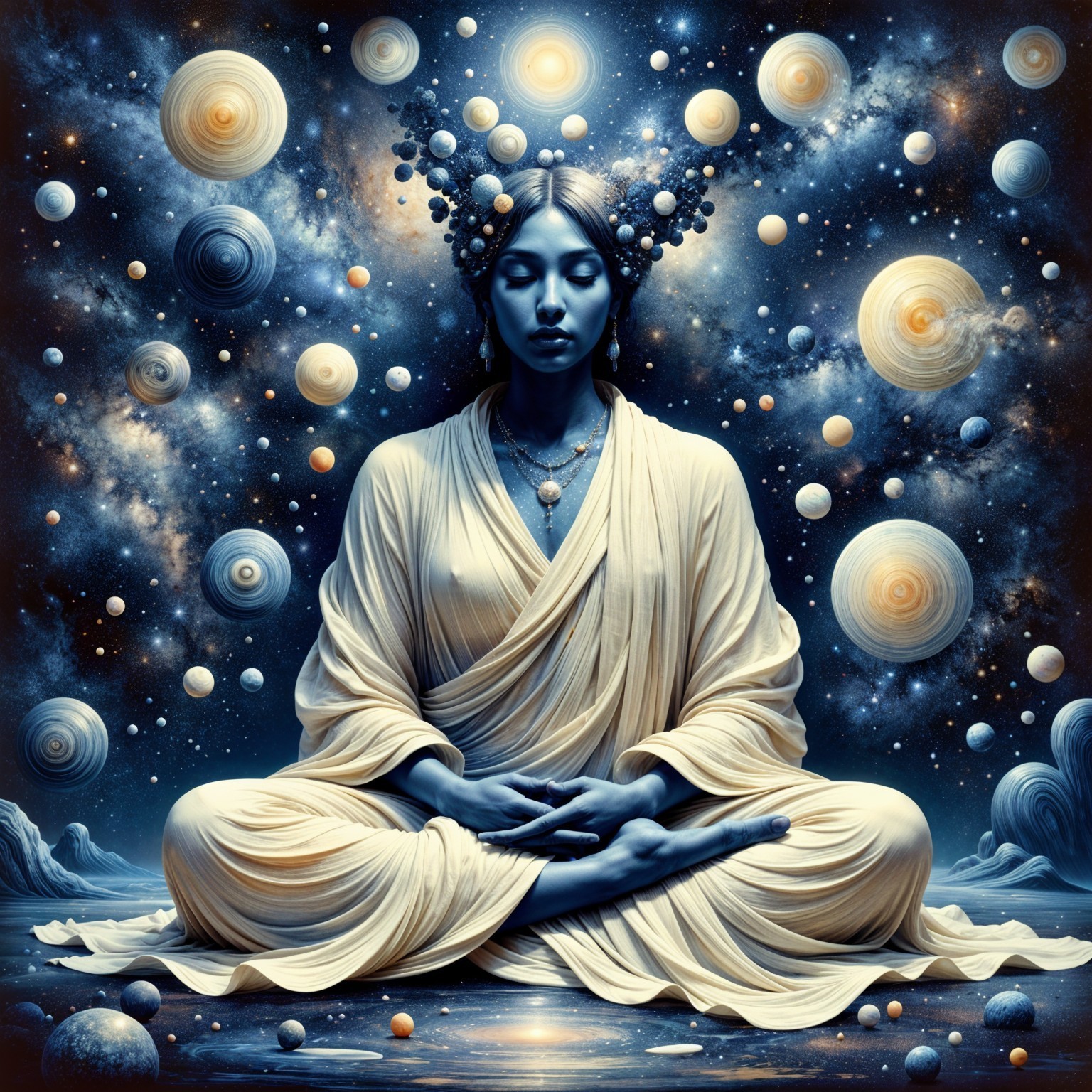 Meditative Figure in Cosmic Surroundings