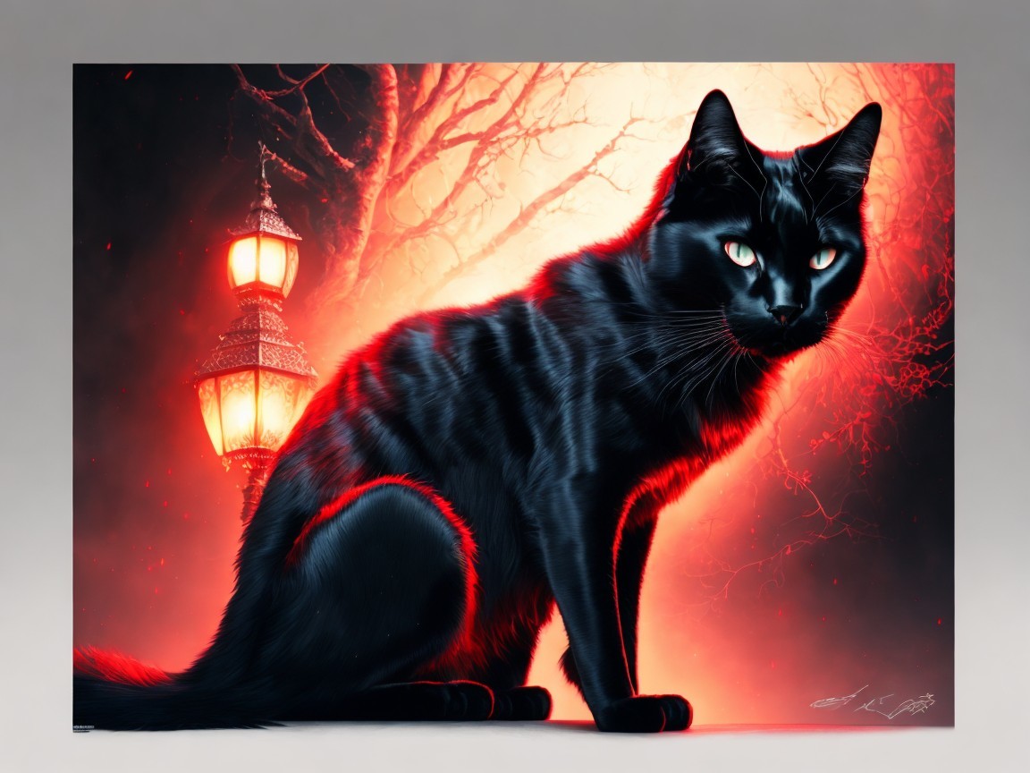 Black Cat Against Glowing Red and Orange Light
