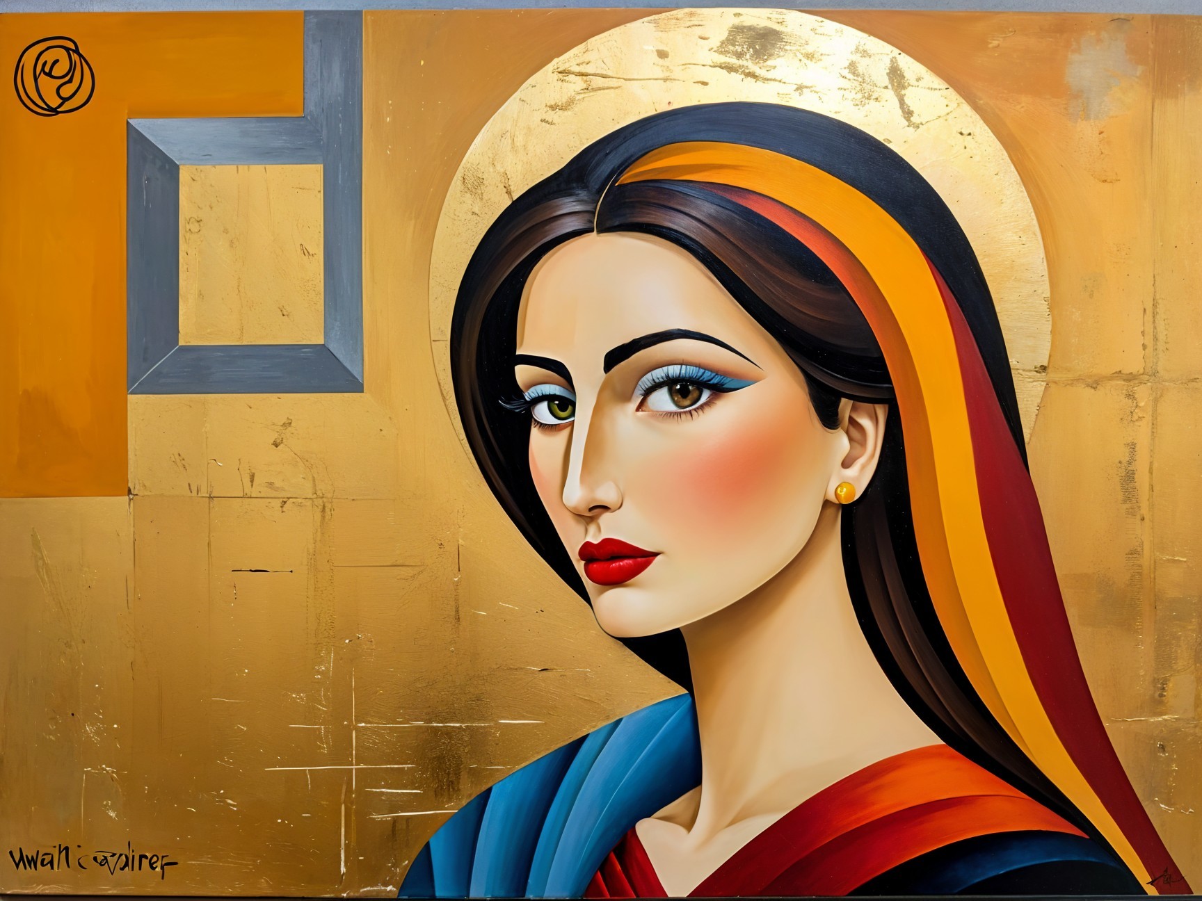 Female Figure in Blue and Orange Garment with Gilded Background