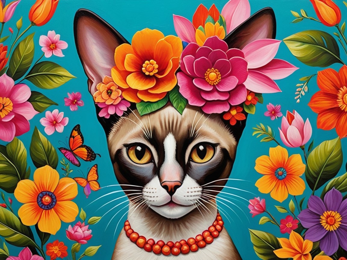 Vibrant Cat Portrait with Floral Crown and Butterflies