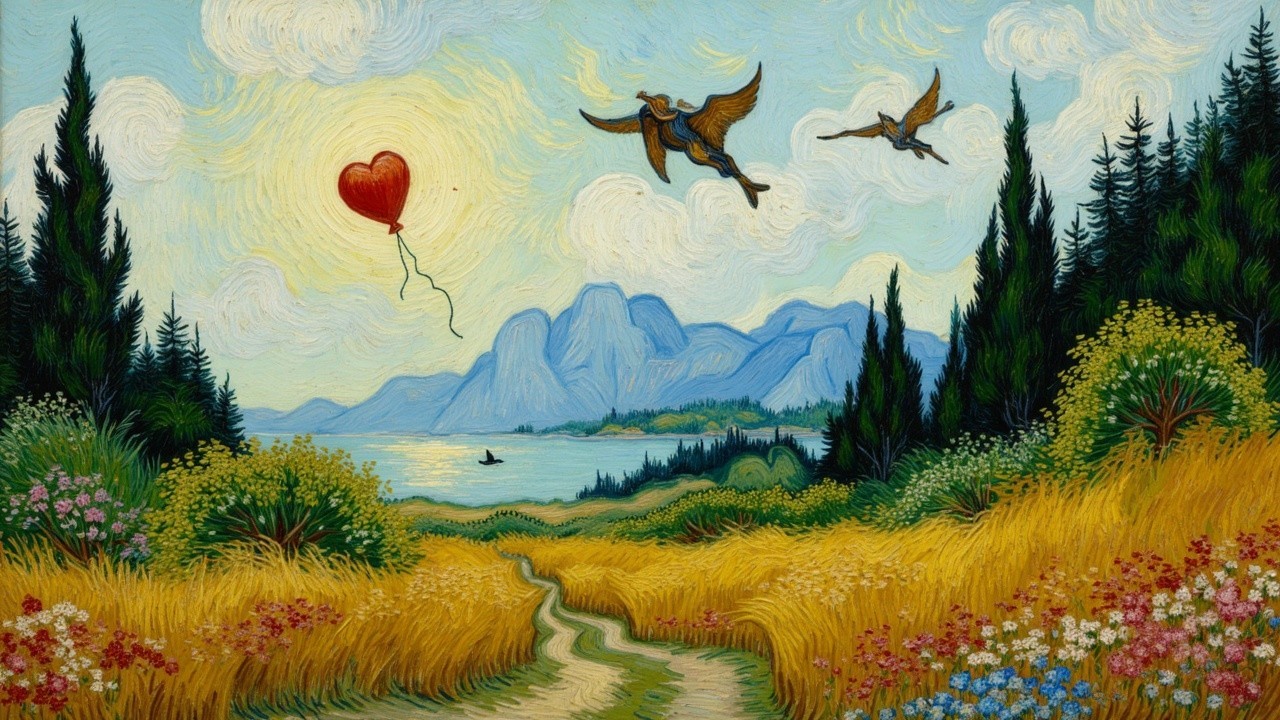 Vibrant Landscape with Fields, Lake, and Fantasy Elements