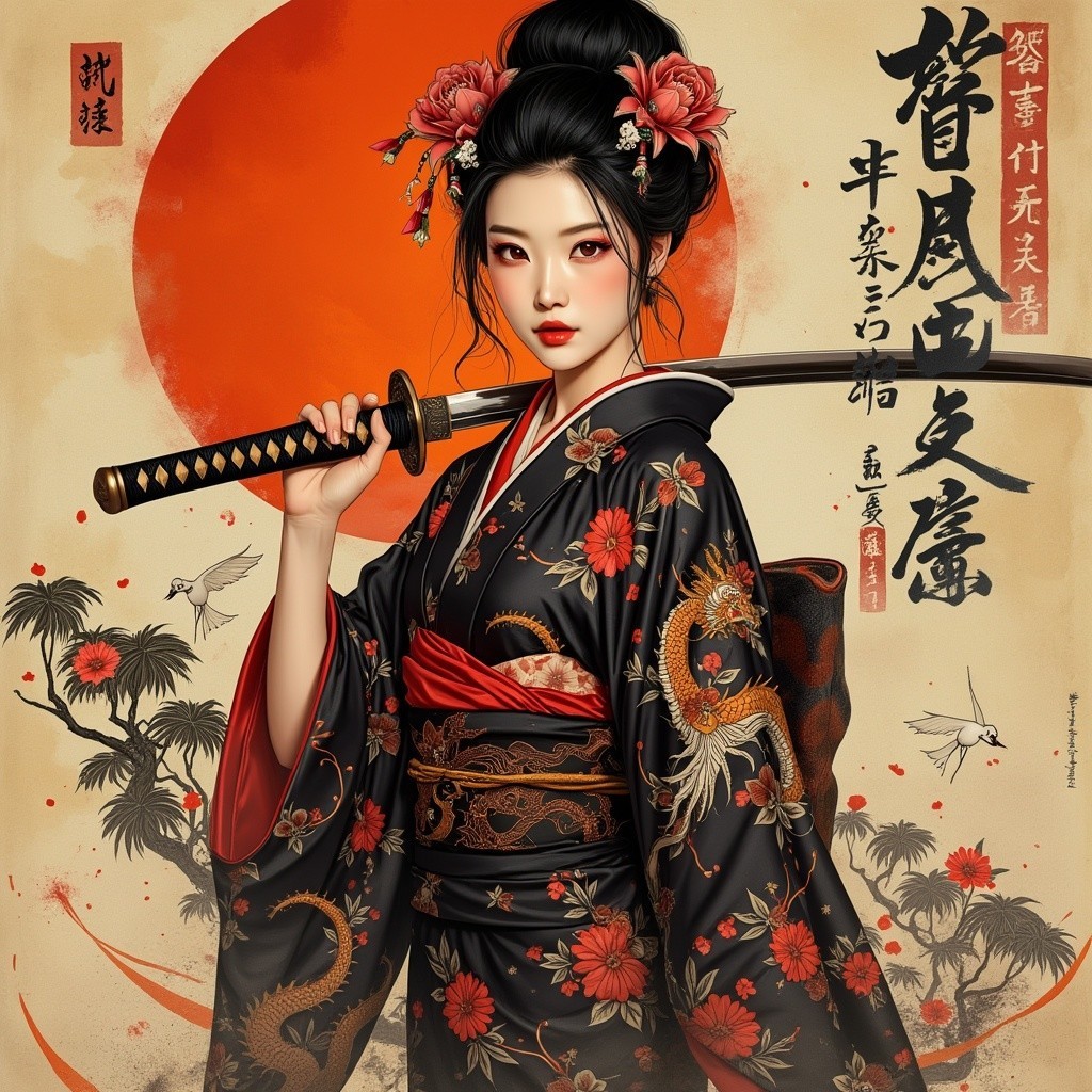 Portrait of a Woman in Traditional Black Kimono
