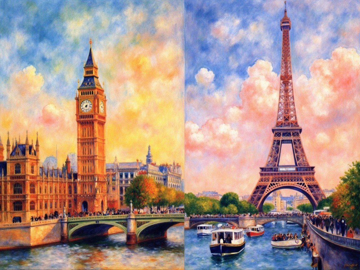 Vibrant Painting of Big Ben and Eiffel Tower Landscape