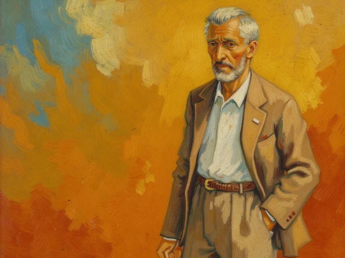 Portrait of an older man in a beige suit against abstract background