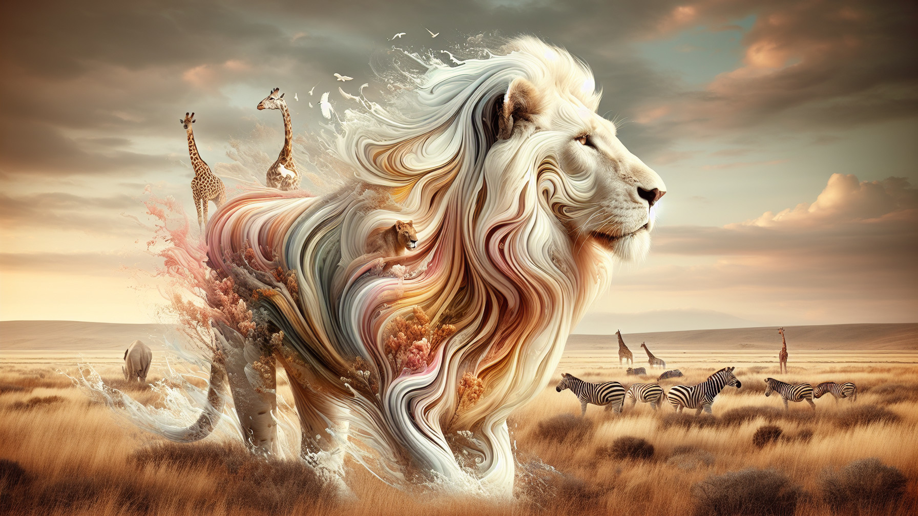 Lion in Colorful Savanna with Giraffes and Zebras
