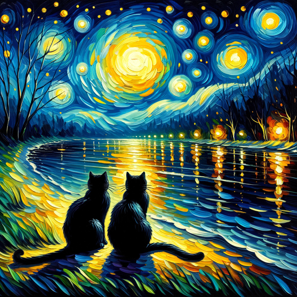 Black Cats by a River Under a Starry Night Sky