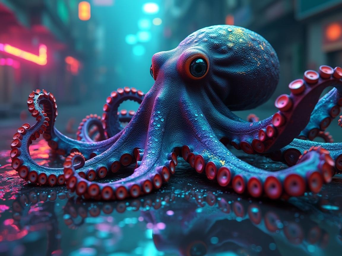 Stylized octopus illuminated by neon lights in urban setting