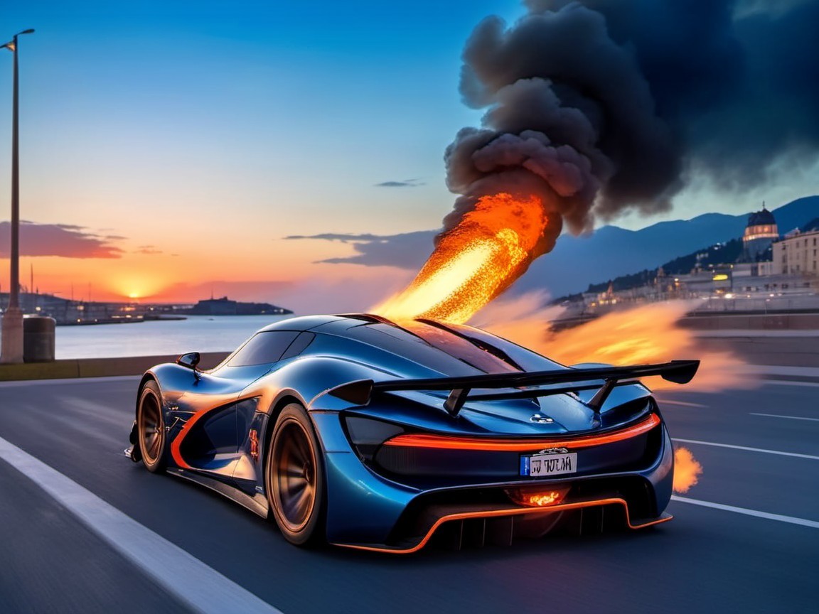Bright Blue McLaren with Flames by Sunset Cityscape