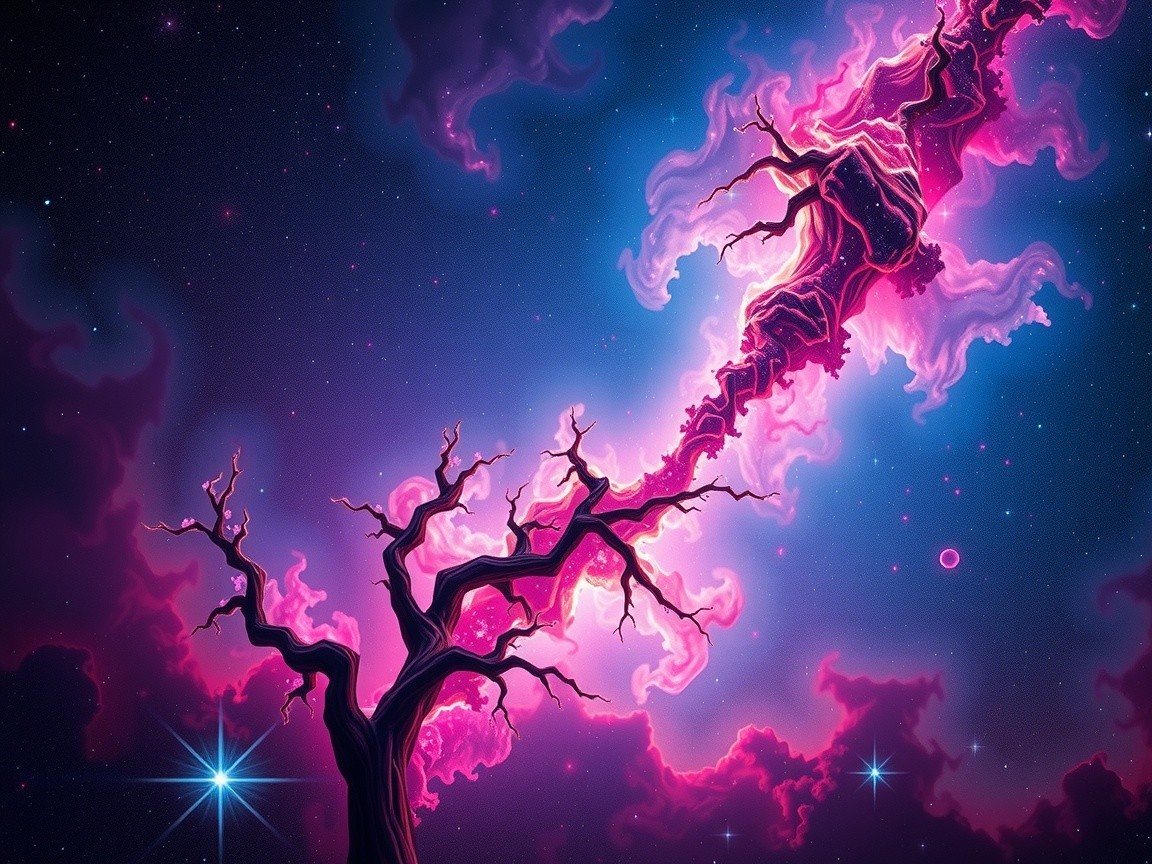 Surreal Cosmic Scene with Twisted Tree Silhouette