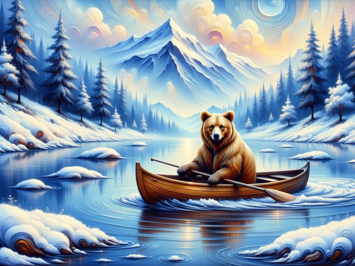 Bear in Wooden Boat on Tranquil River Landscape