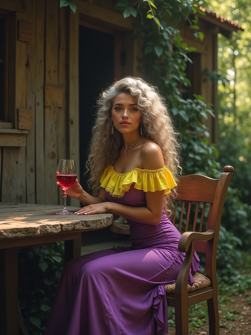 Young woman in purple dress at rustic cabin table
