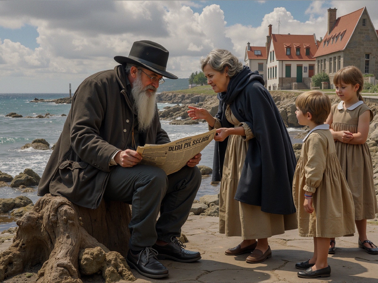 Coastal Scene with Elderly Man and Children Engaged