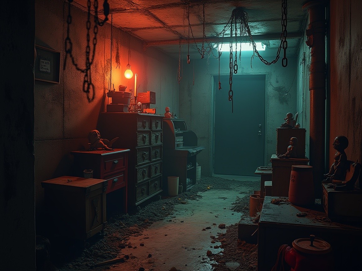 Eerie Basement Room with Dust and Shadows