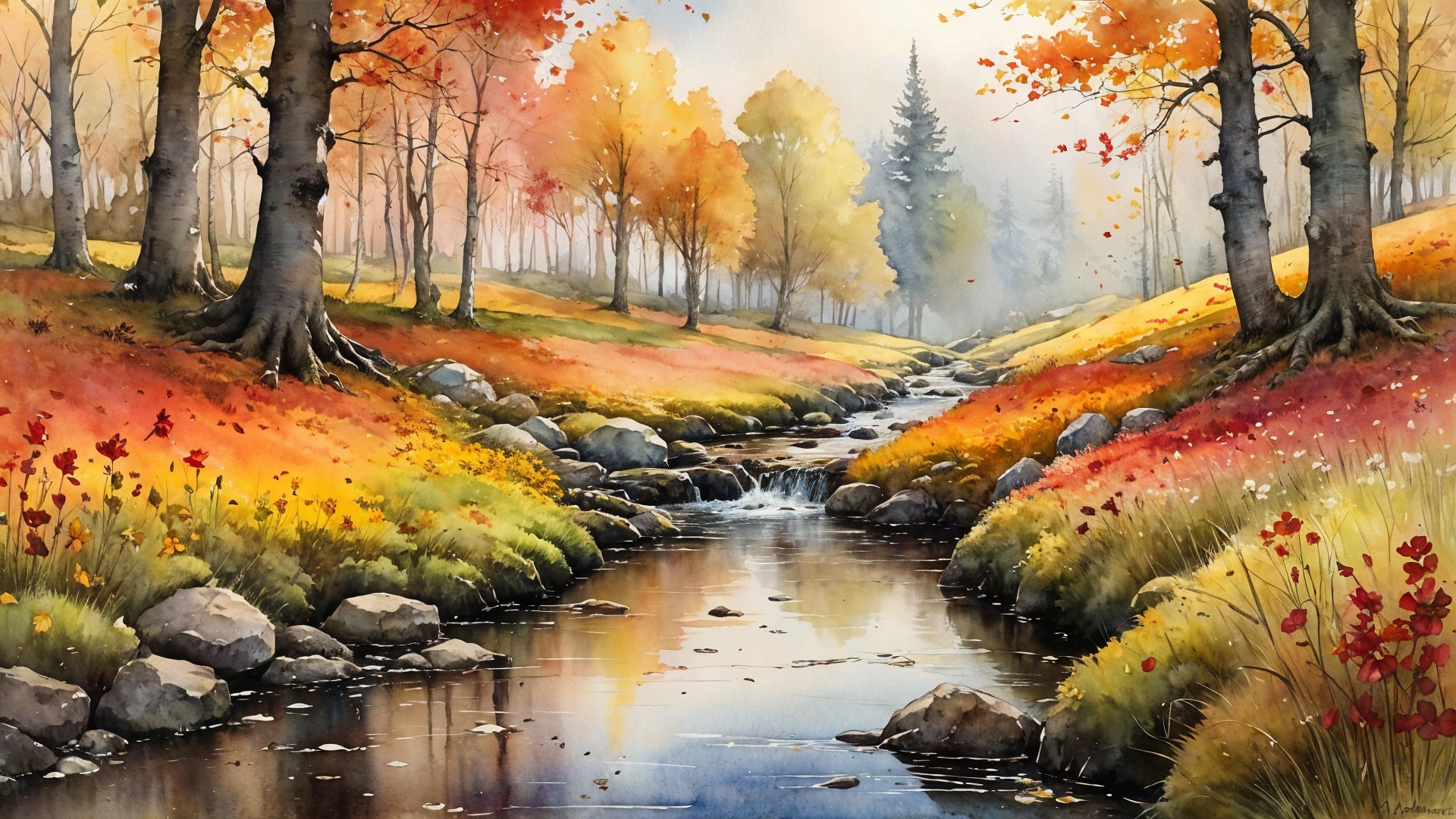 Tranquil Autumn Landscape with Flowing Stream and Foliage