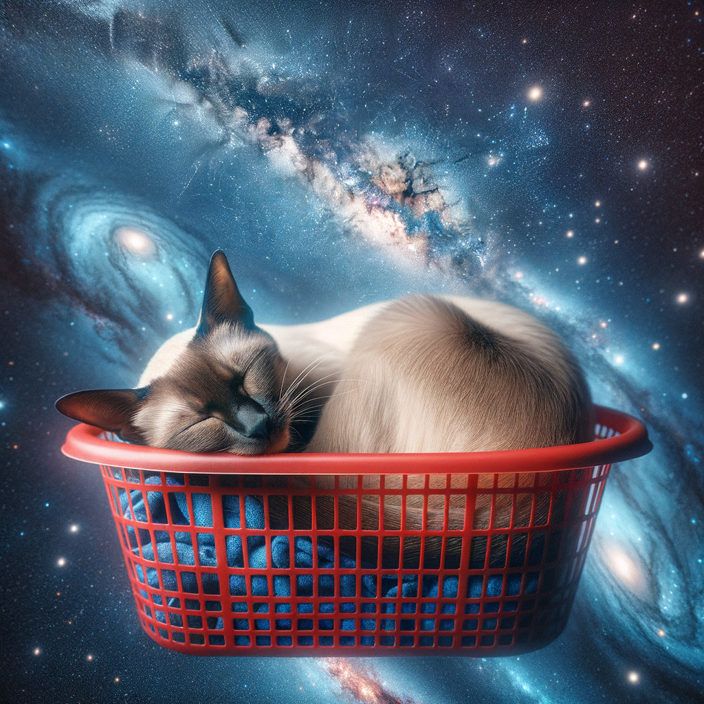Cozy cat in red basket against cosmic background
