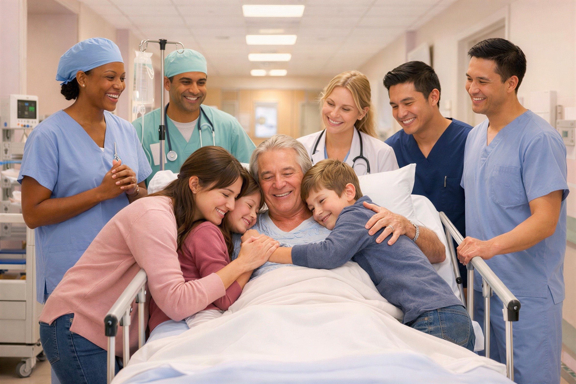 Family Surrounds Male Patient in Hospital Bed