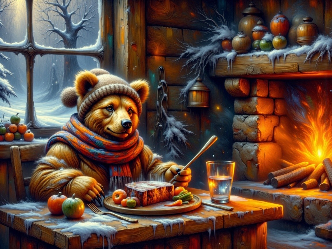 Cozy Cabin with Bear Enjoying Winter Meal
