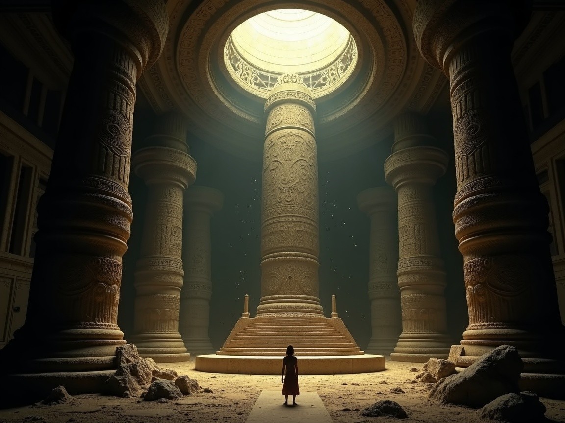 Solitary Figure Before Illuminated Ancient Temple