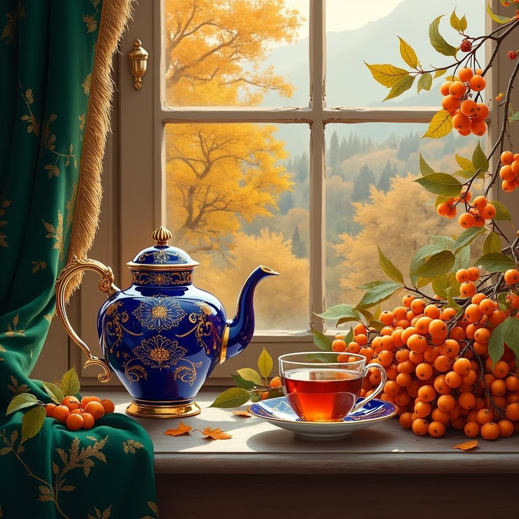 Elegant Tea Scene with Royal Blue Teapot and Autumn Foliage