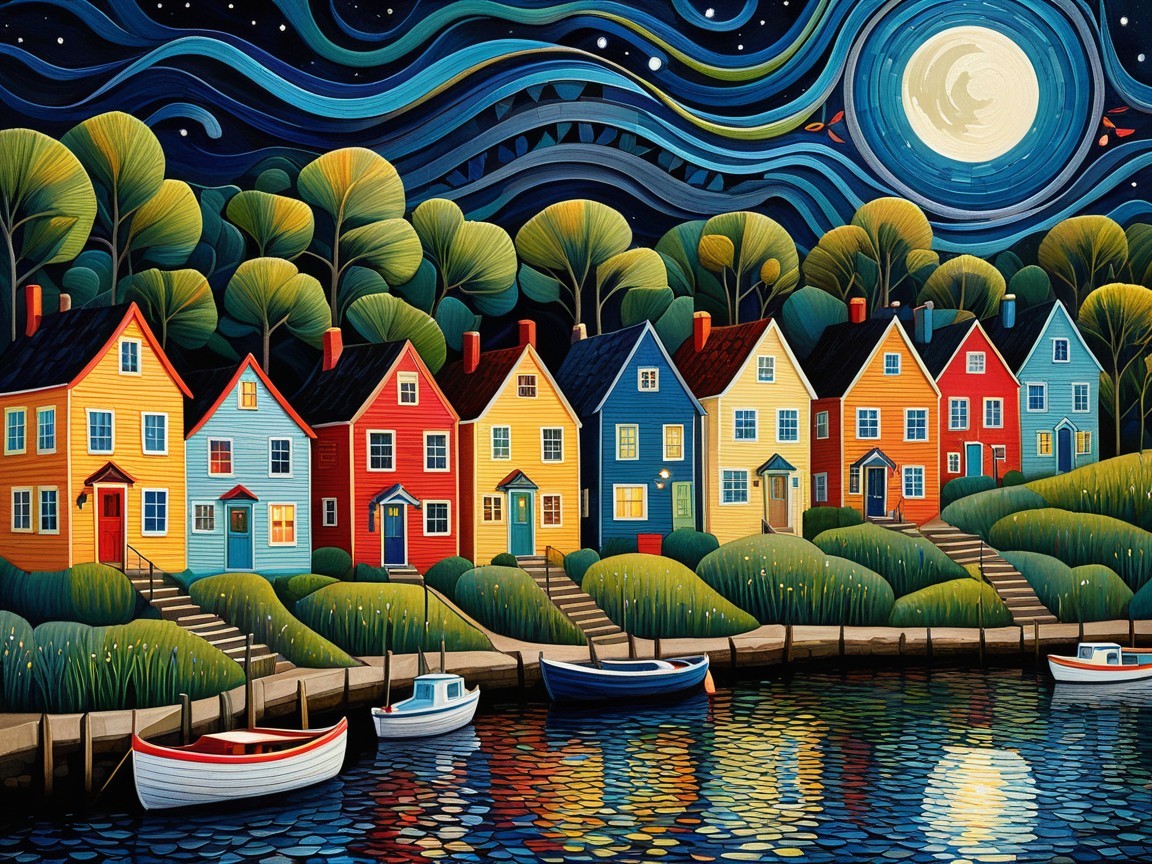 Colorful Quaint Houses by a Shimmering Water Scene