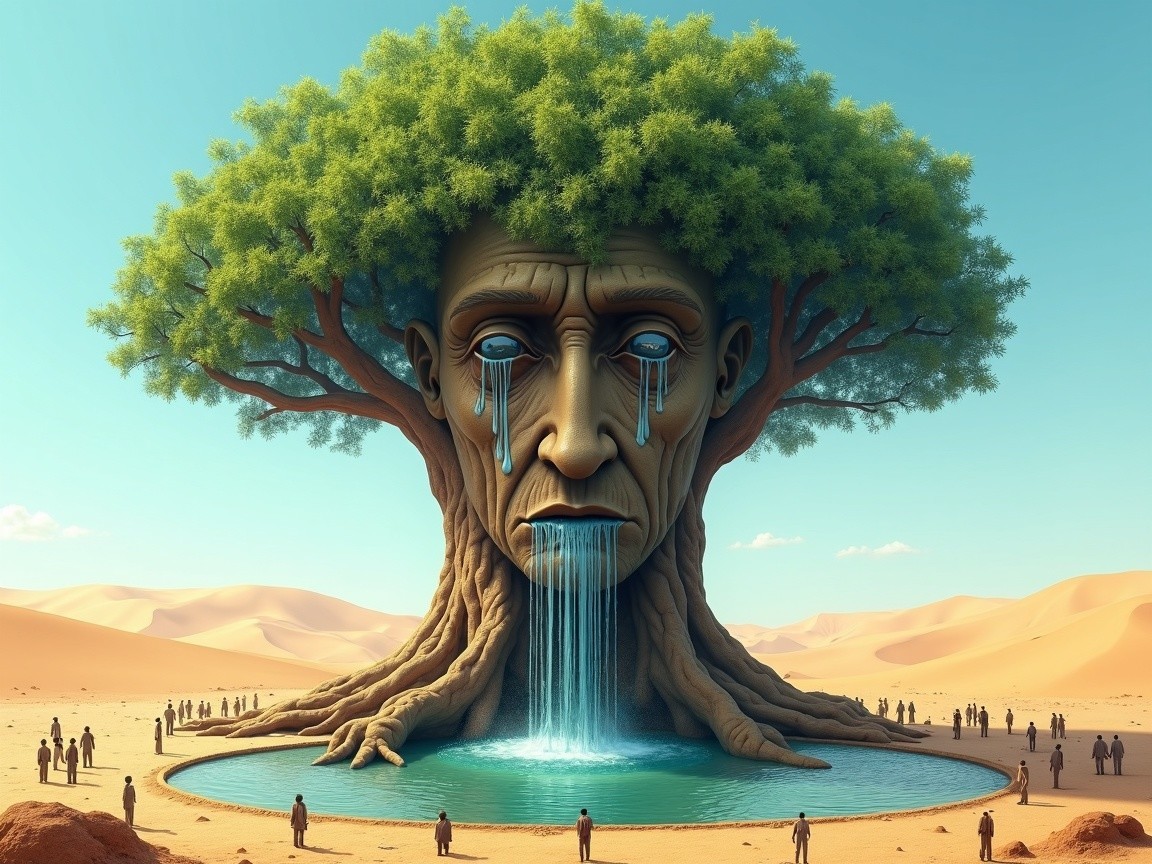 Monumental Tree with Human Face in Desert Landscape