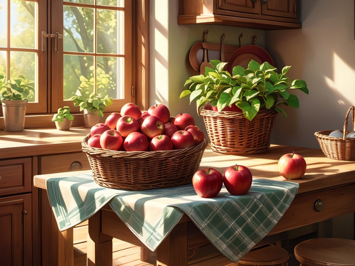 Sunlit Kitchen with Wooden Table and Red Apples