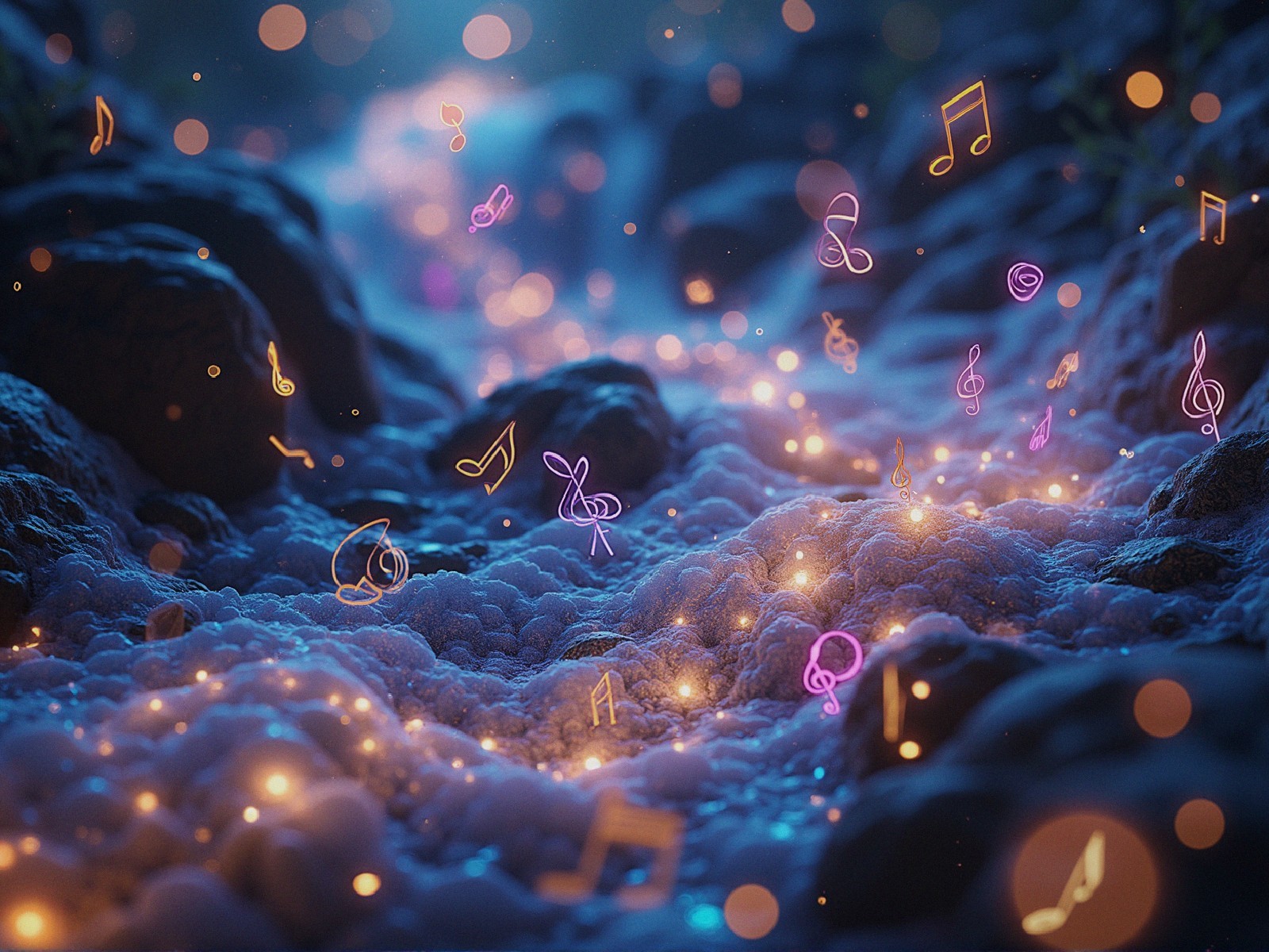 Serene Stream with Glowing Musical Notes and Nature