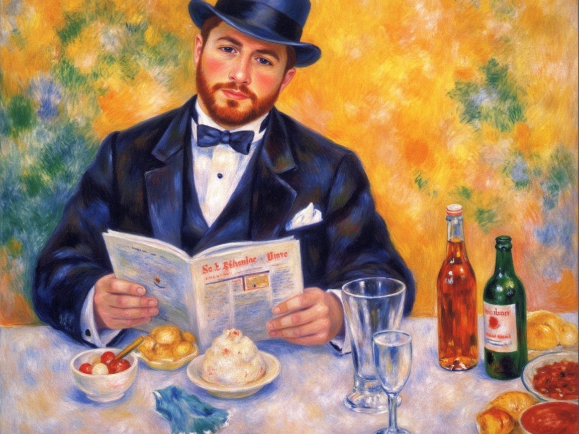 Man in Formal Attire Reading Newspaper at Table