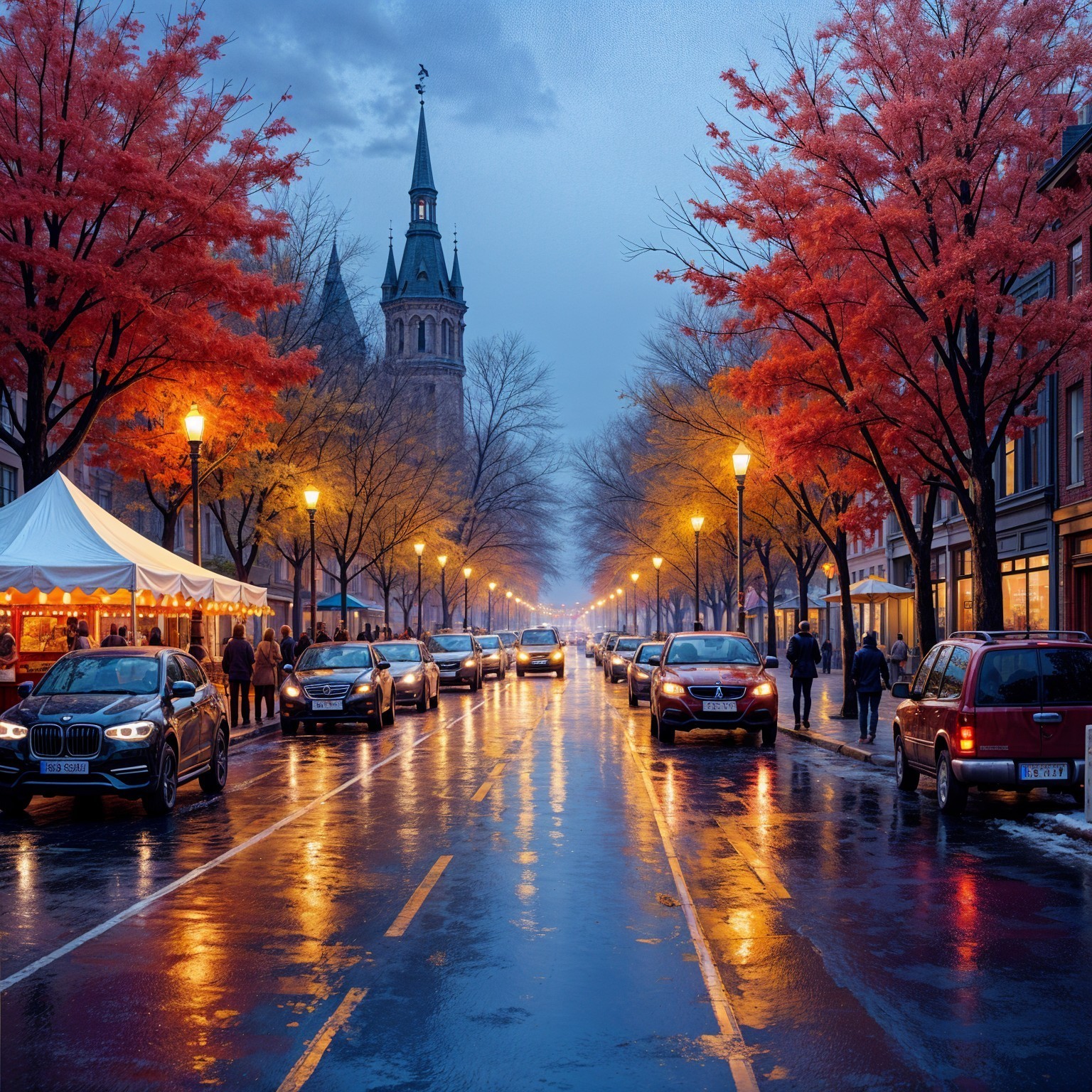 Autumn Street Scene with Historic Tower at Dusk