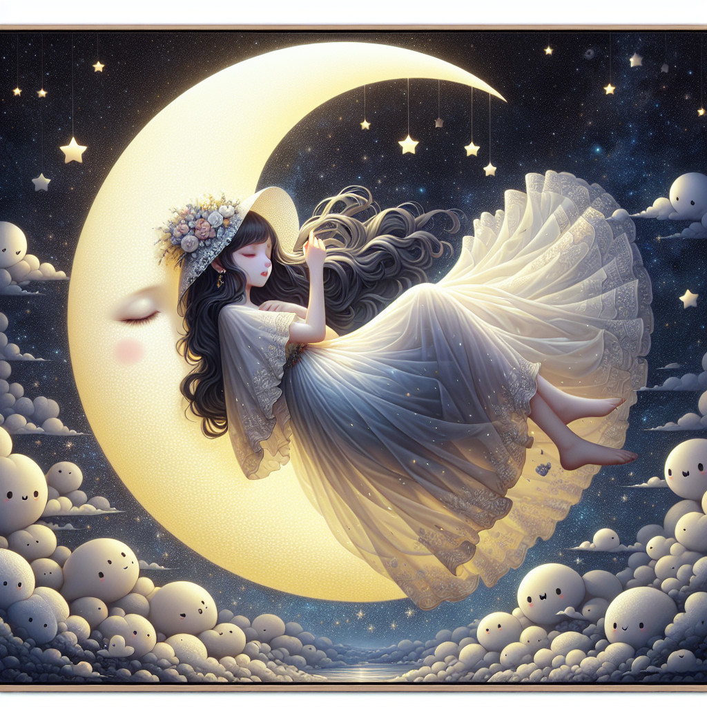 Serene Girl on Crescent Moon in Whimsical Night Scene