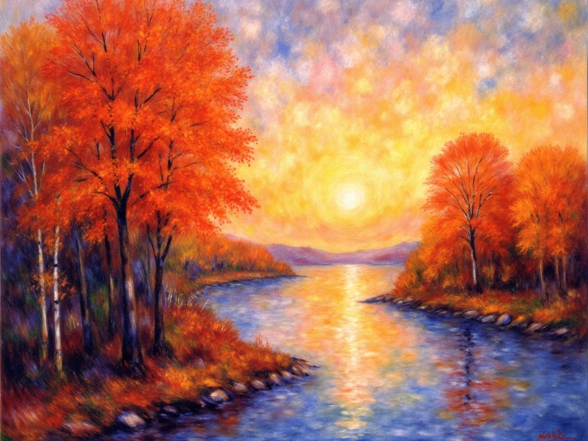 Autumn Landscape with Colorful Foliage and River