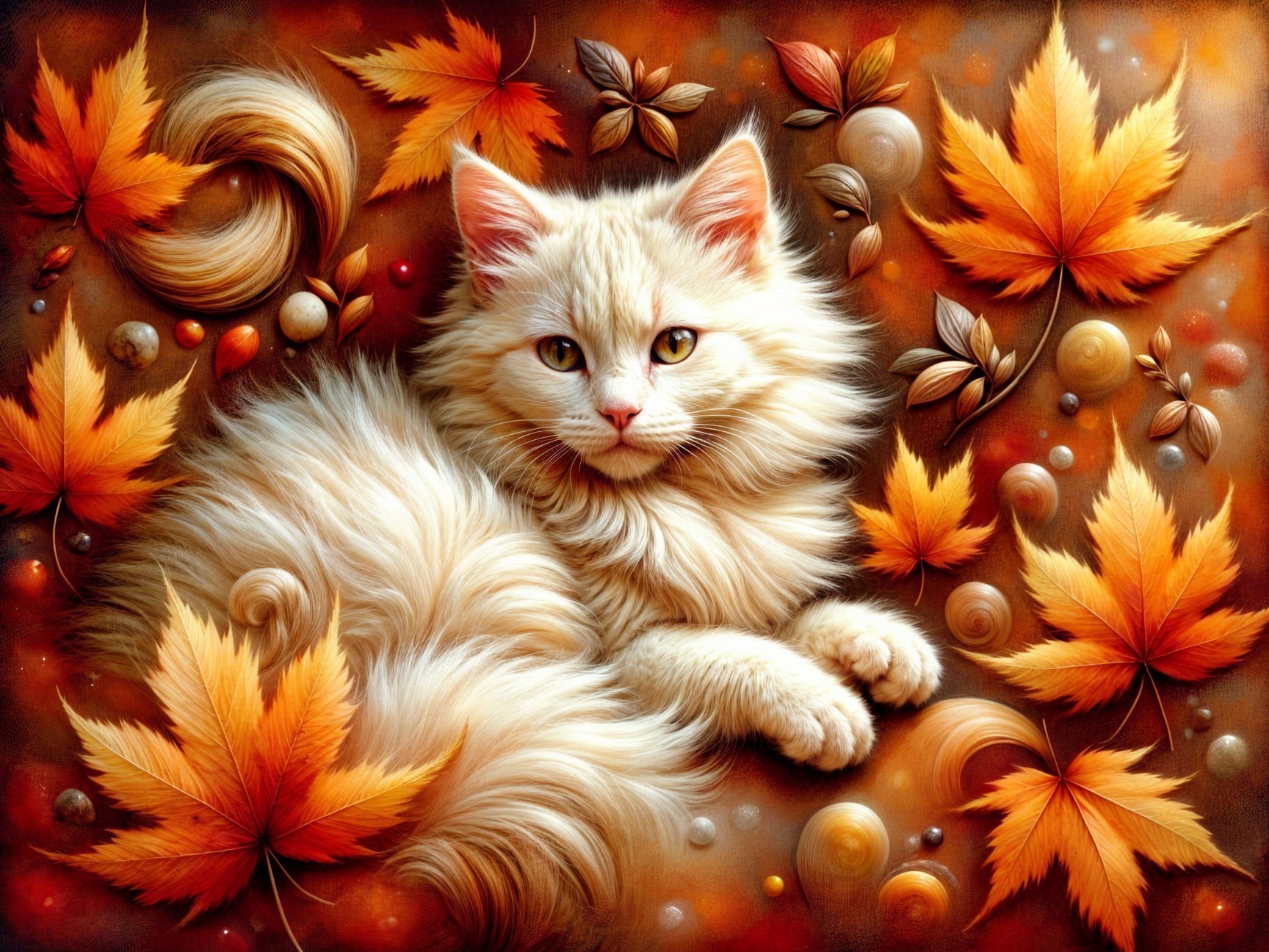 Fluffy White Cat Among Vibrant Autumn Leaves