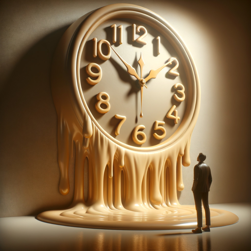 Melting Clock in Surreal Scene with Contemplative Figure